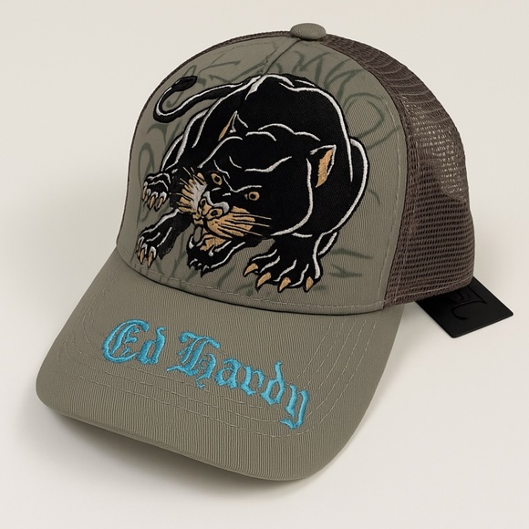 Ed Hardy Embroidered Panther Trucker Hat Light Olive Mesh Snapback Cap OS NWT - Picture 1 of 7
